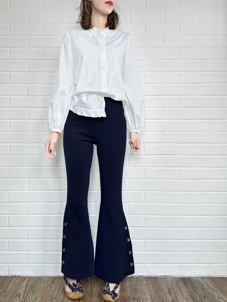 Surprise Sale! White Slits Detailed Balloon Sleeves Ruffled Longline Shirt