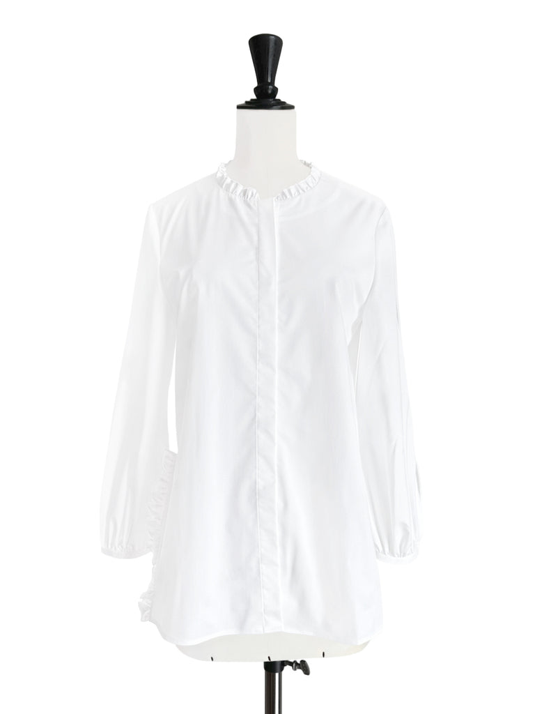 Surprise Sale! White Slits Detailed Balloon Sleeves Ruffled Longline Shirt