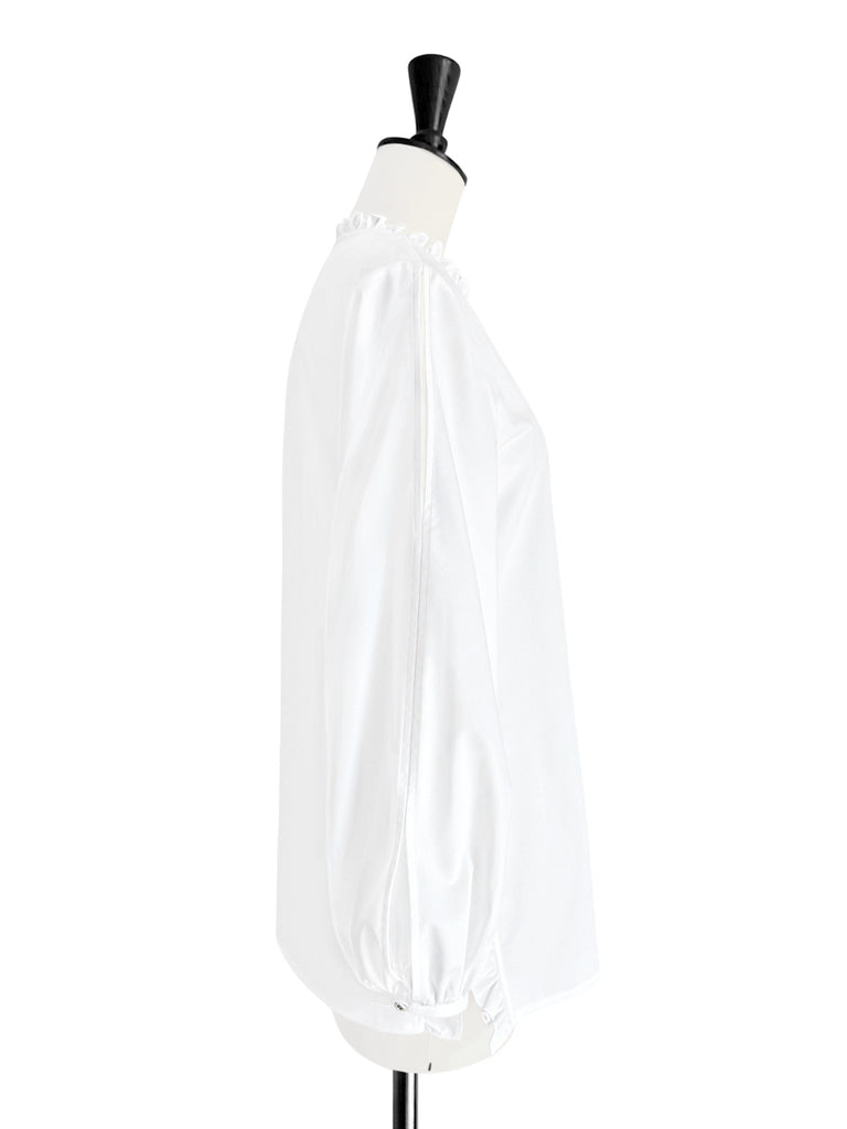 Surprise Sale! White Slits Detailed Balloon Sleeves Ruffled Longline Shirt