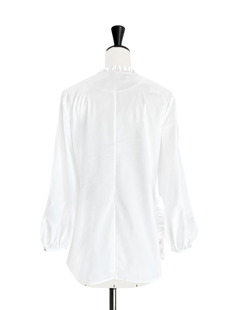 Surprise Sale! White Slits Detailed Balloon Sleeves Ruffled Longline Shirt