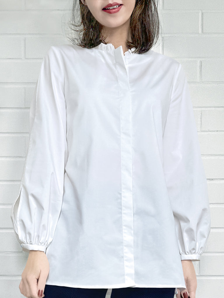 Surprise Sale! White Slits Detailed Balloon Sleeves Ruffled Longline Shirt