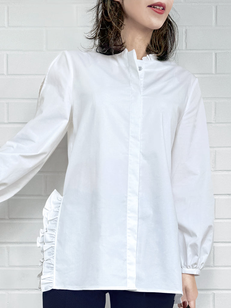 Surprise Sale! White Slits Detailed Balloon Sleeves Ruffled Longline Shirt