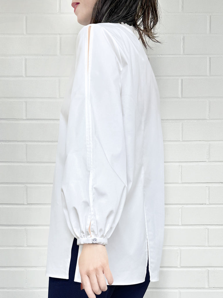 Surprise Sale! White Slits Detailed Balloon Sleeves Ruffled Longline Shirt