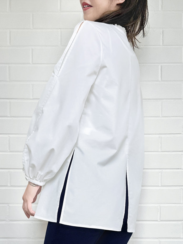 Surprise Sale! White Slits Detailed Balloon Sleeves Ruffled Longline Shirt