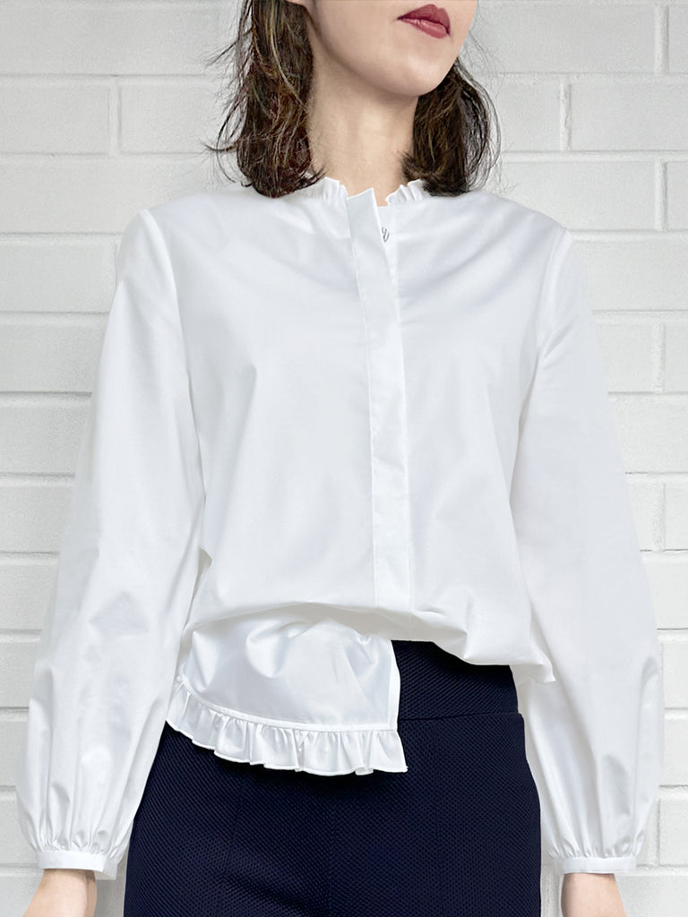 Surprise Sale! White Slits Detailed Balloon Sleeves Ruffled Longline Shirt