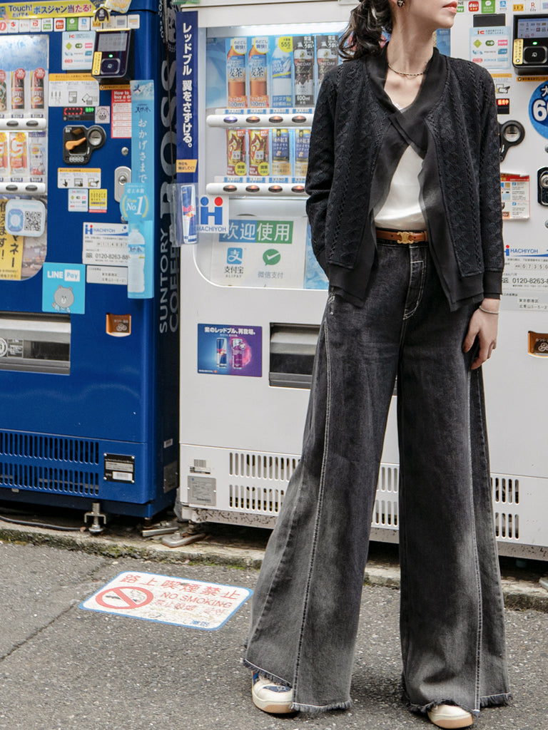 Final Sale! Black Chiffon Trimmed Open Front Lightweight Knit Jacket