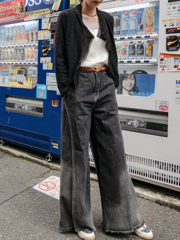 Final Sale! Black Chiffon Trimmed Open Front Lightweight Knit Jacket