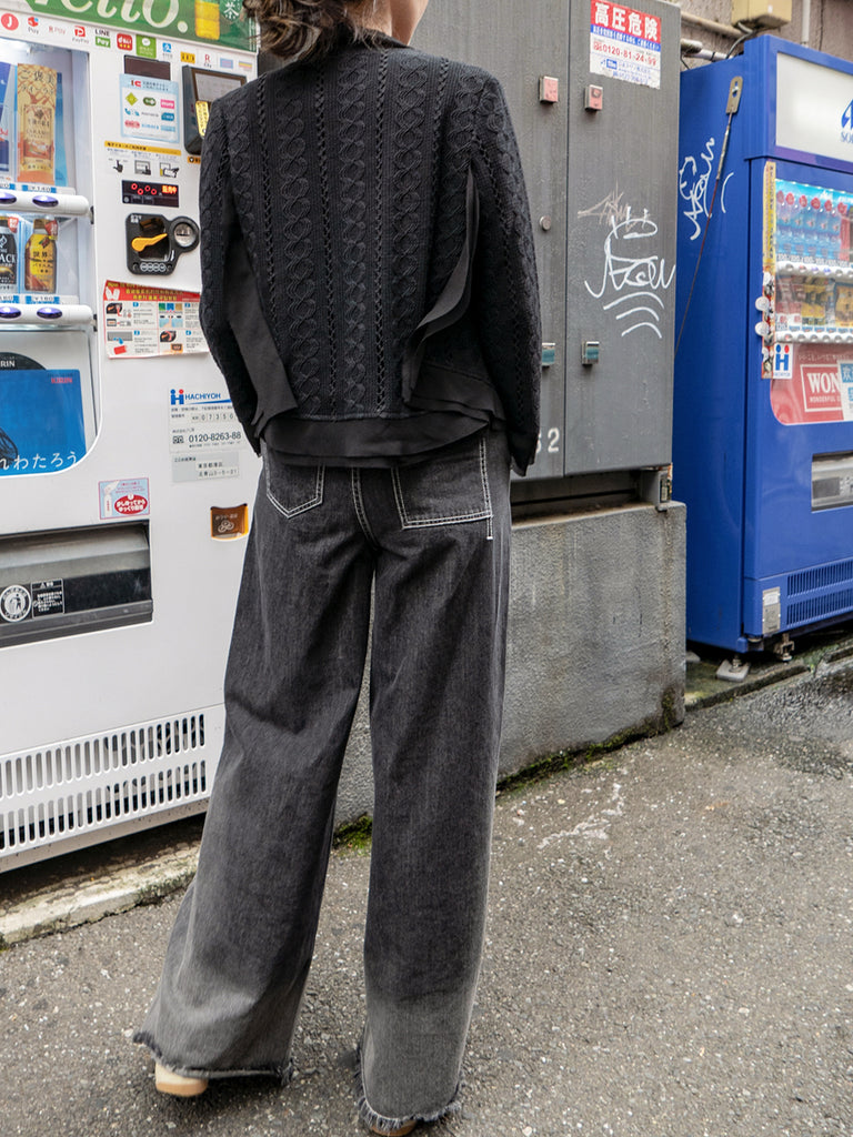 Final Sale! Black Chiffon Trimmed Open Front Lightweight Knit Jacket