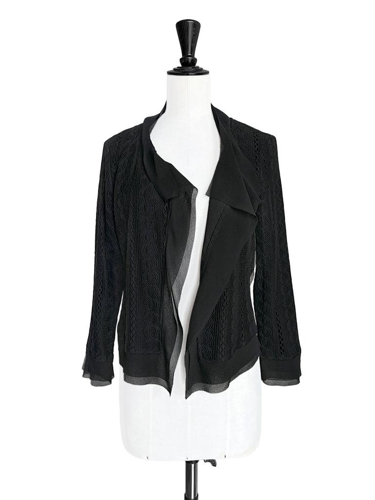Final Sale! Black Chiffon Trimmed Open Front Lightweight Knit Jacket