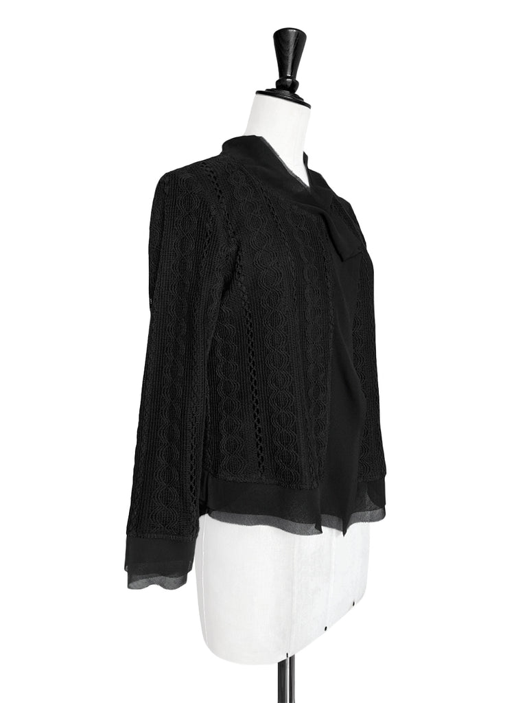 Final Sale! Black Chiffon Trimmed Open Front Lightweight Knit Jacket