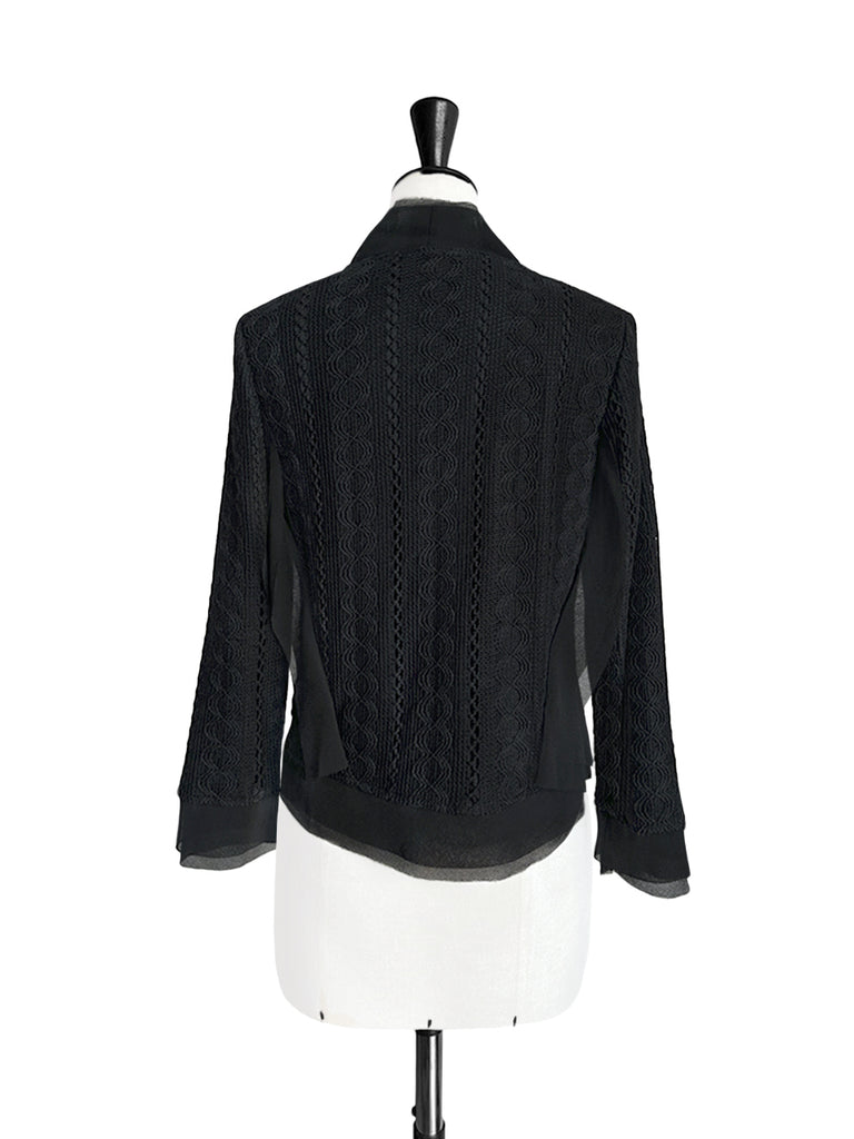 Final Sale! Black Chiffon Trimmed Open Front Lightweight Knit Jacket