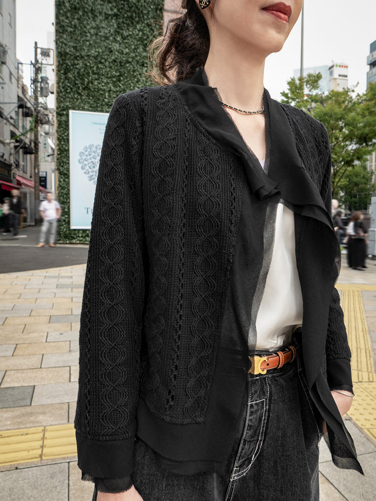 Final Sale! Black Chiffon Trimmed Open Front Lightweight Knit Jacket