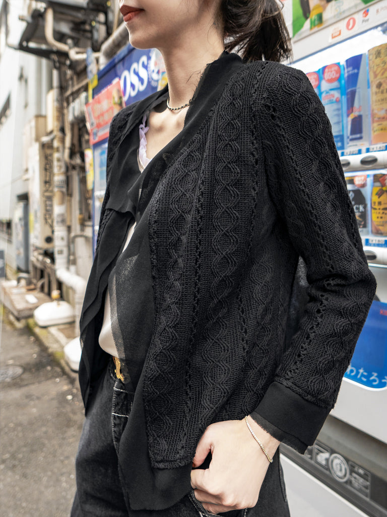 Final Sale! Black Chiffon Trimmed Open Front Lightweight Knit Jacket