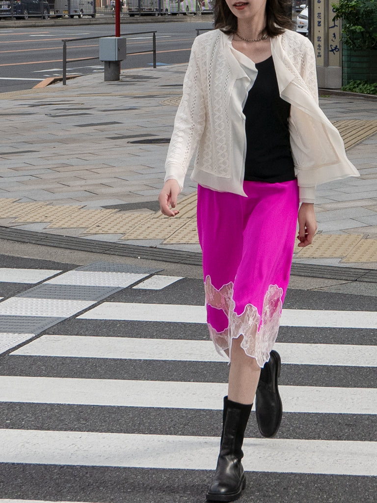 象牙色雪紡邊飾開襟輕質針織夾克