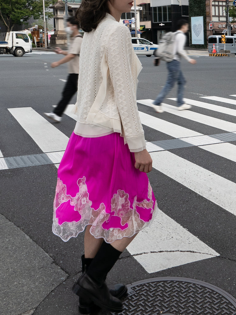 象牙色雪紡邊飾開襟輕質針織夾克