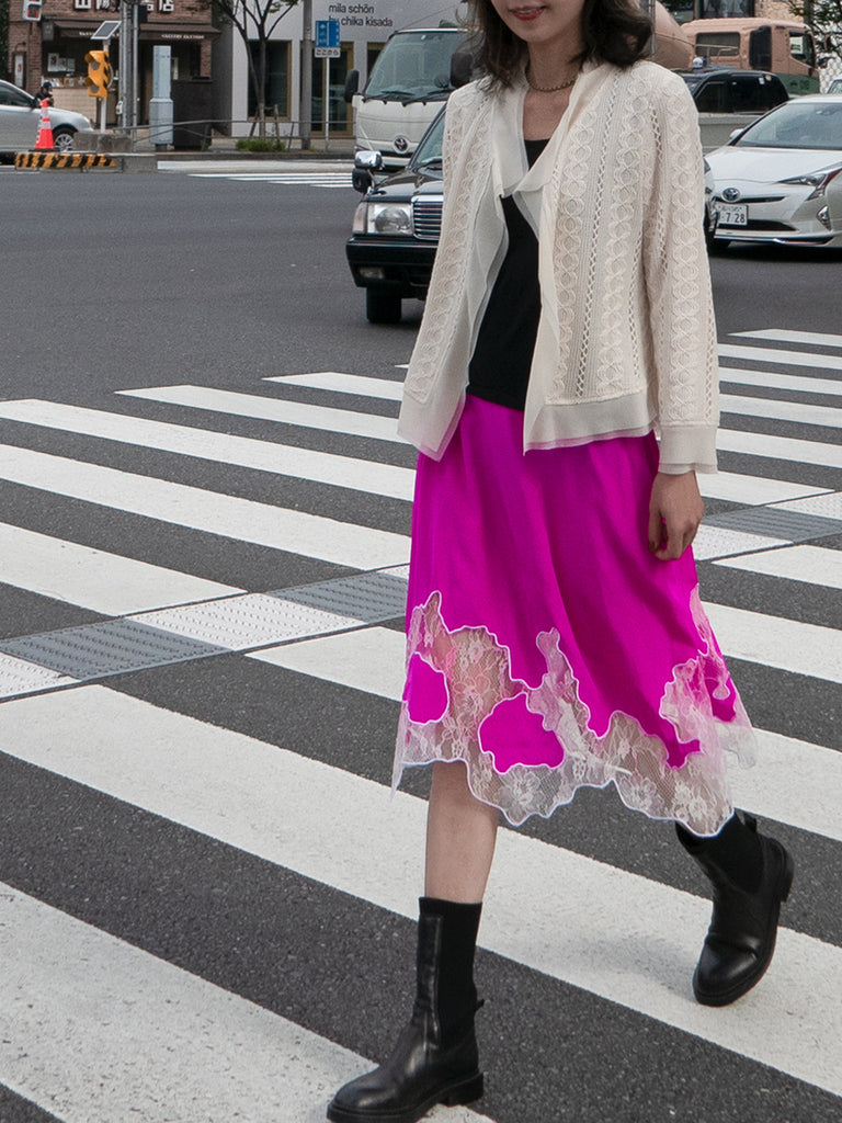 象牙色雪紡邊飾開襟輕質針織夾克