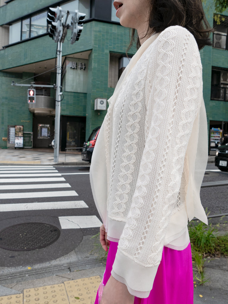 象牙色雪紡邊飾開襟輕質針織夾克