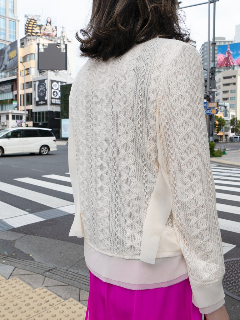 象牙色雪紡邊飾開襟輕質針織夾克