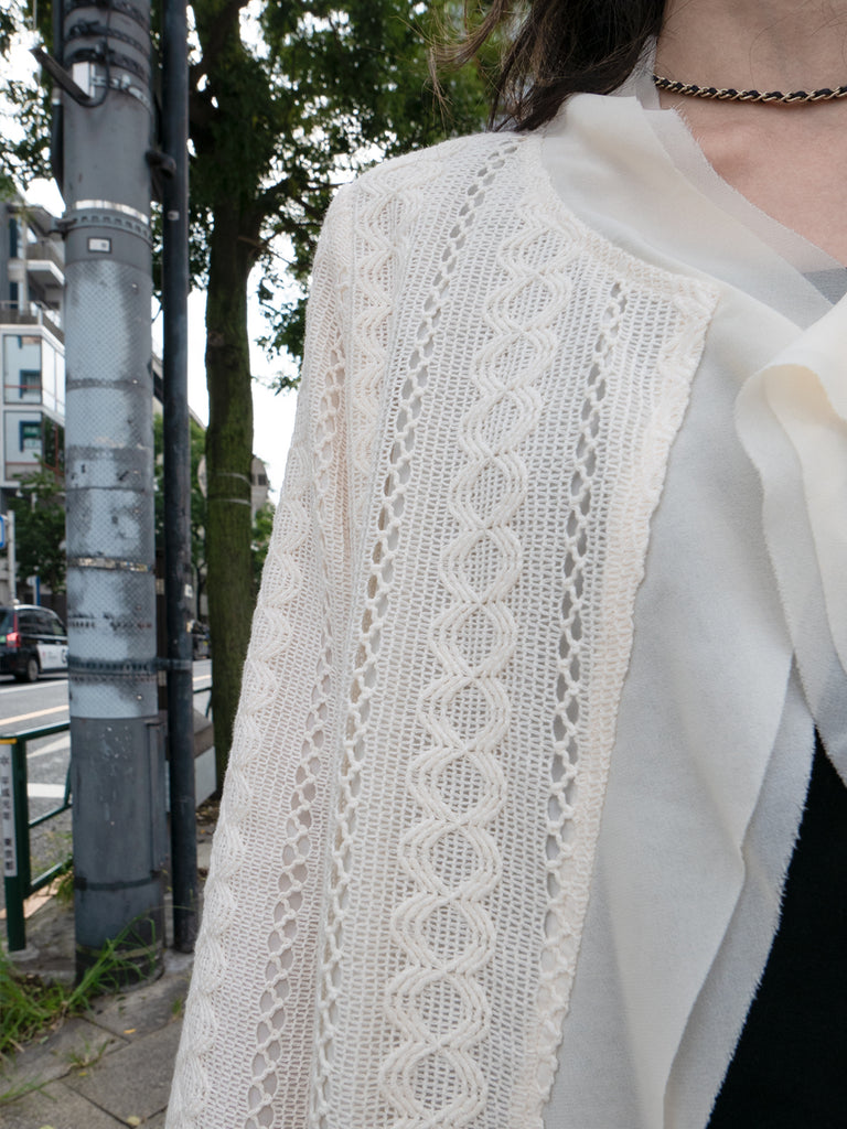 象牙色雪紡邊飾開襟輕質針織夾克