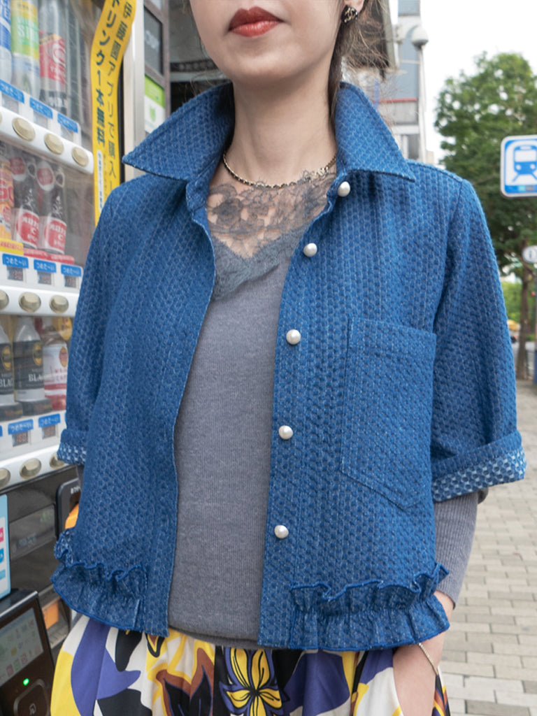 Final Sale! Textured Chambray Elbow Sleeve Ruffle Hem Cropped Dolly Jacket