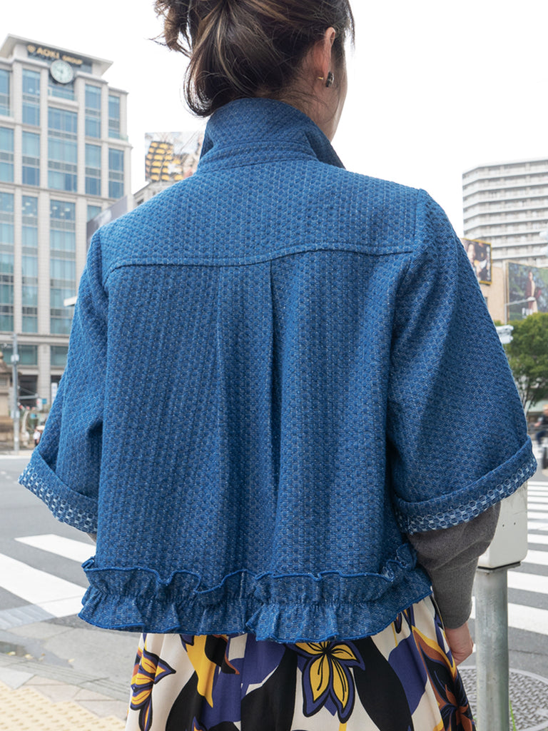 Final Sale! Textured Chambray Elbow Sleeve Ruffle Hem Cropped Dolly Jacket