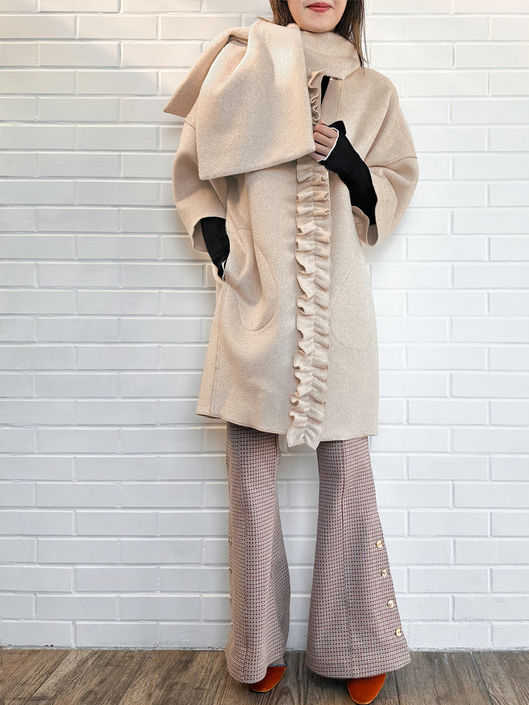 Surprise Sale! Taupe Ruffled Cashmere Luxury Cocoon Coat with Matching Scarf