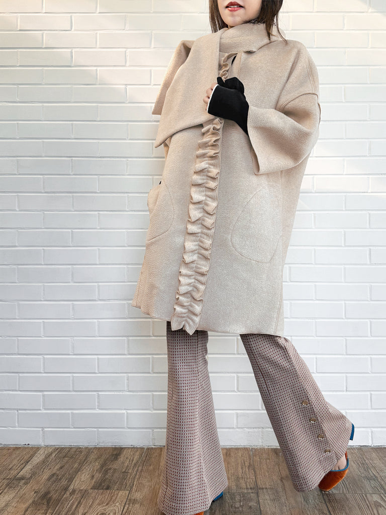 Surprise Sale! Taupe Ruffled Cashmere Luxury Cocoon Coat with Matching Scarf