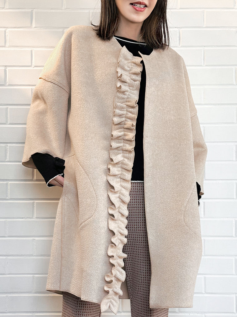 Surprise Sale! Taupe Ruffled Cashmere Luxury Cocoon Coat with Matching Scarf