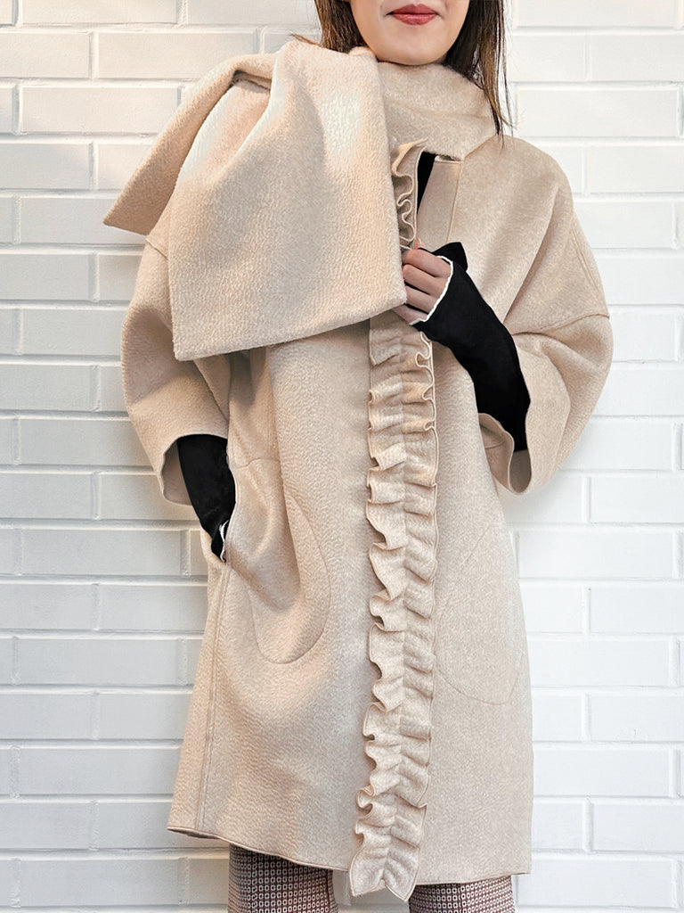 Surprise Sale! Taupe Ruffled Cashmere Luxury Cocoon Coat with Matching Scarf