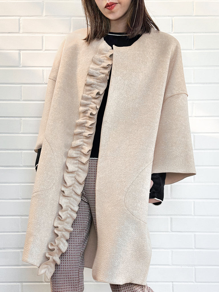 Surprise Sale! Taupe Ruffled Cashmere Luxury Cocoon Coat with Matching Scarf