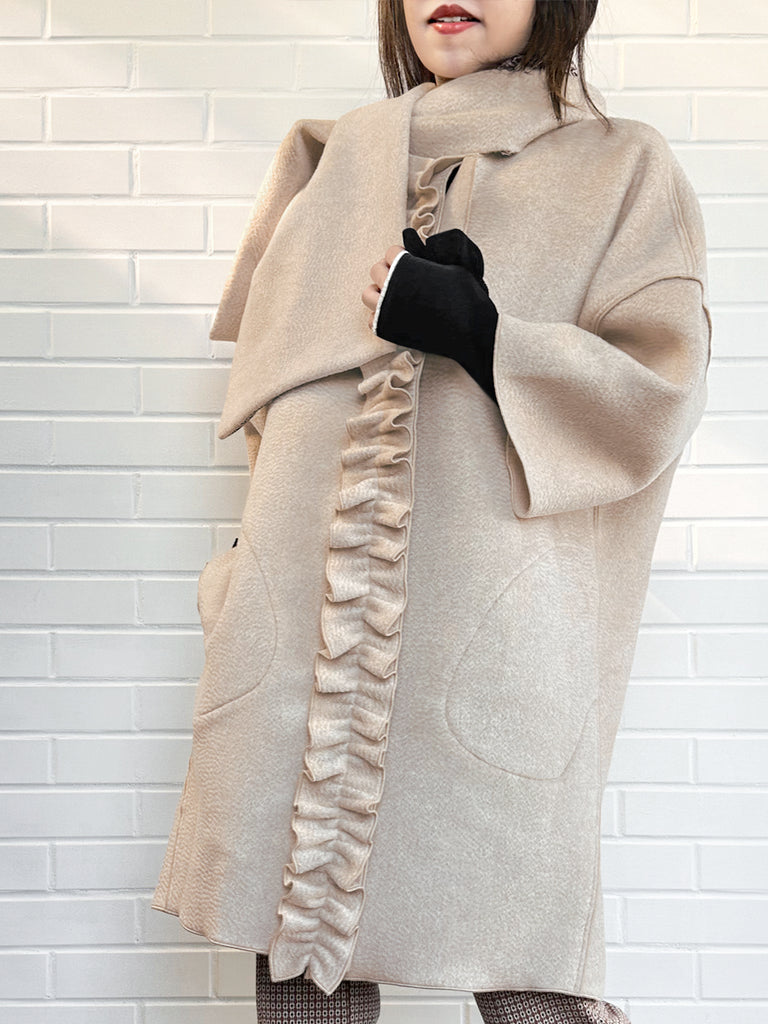 Surprise Sale! Taupe Ruffled Cashmere Luxury Cocoon Coat with Matching Scarf