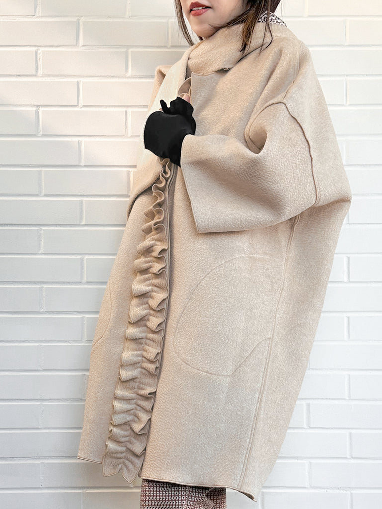 Surprise Sale! Taupe Ruffled Cashmere Luxury Cocoon Coat with Matching Scarf