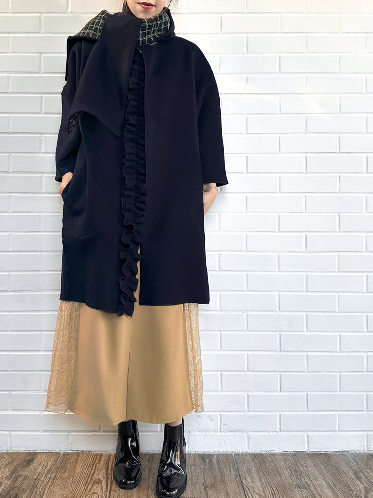 Surprise Sale! Dark Navy Ruffled Cashmere Luxury Cocoon Coat with Matching Scarf