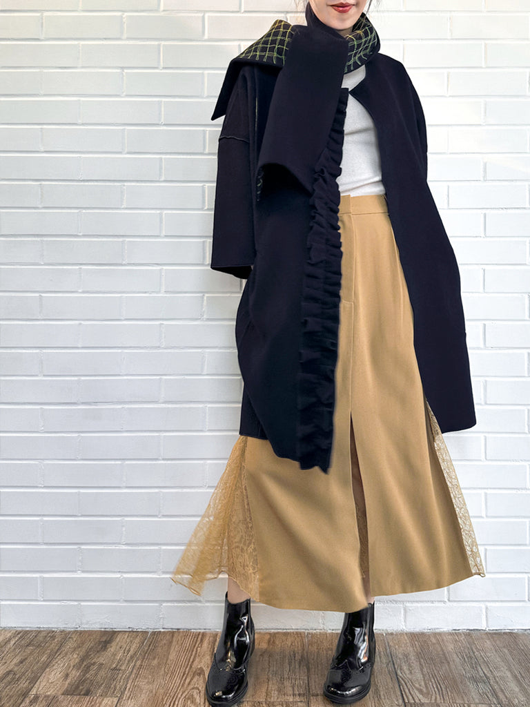 Surprise Sale! Dark Navy Ruffled Cashmere Luxury Cocoon Coat with Matching Scarf