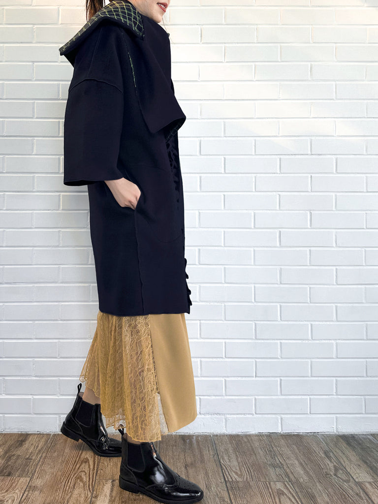 Surprise Sale! Dark Navy Ruffled Cashmere Luxury Cocoon Coat with Matching Scarf