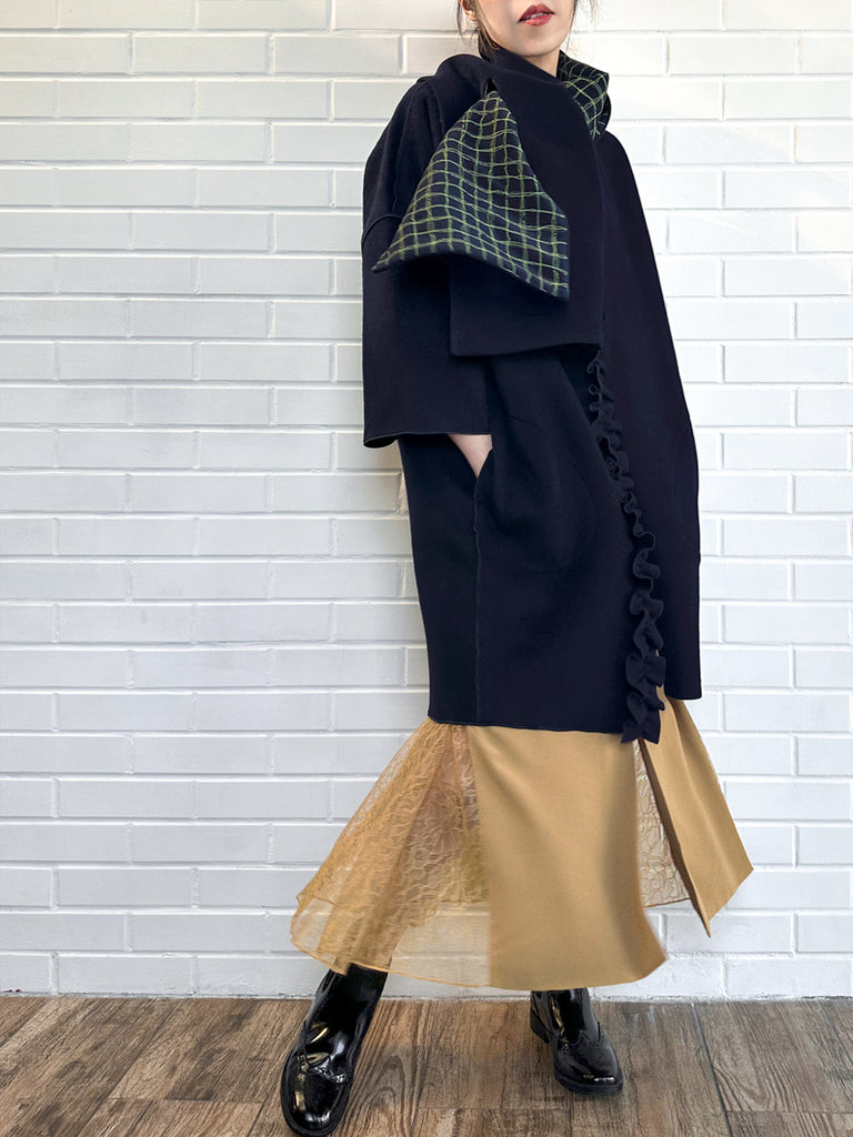 Surprise Sale! Dark Navy Ruffled Cashmere Luxury Cocoon Coat with Matching Scarf