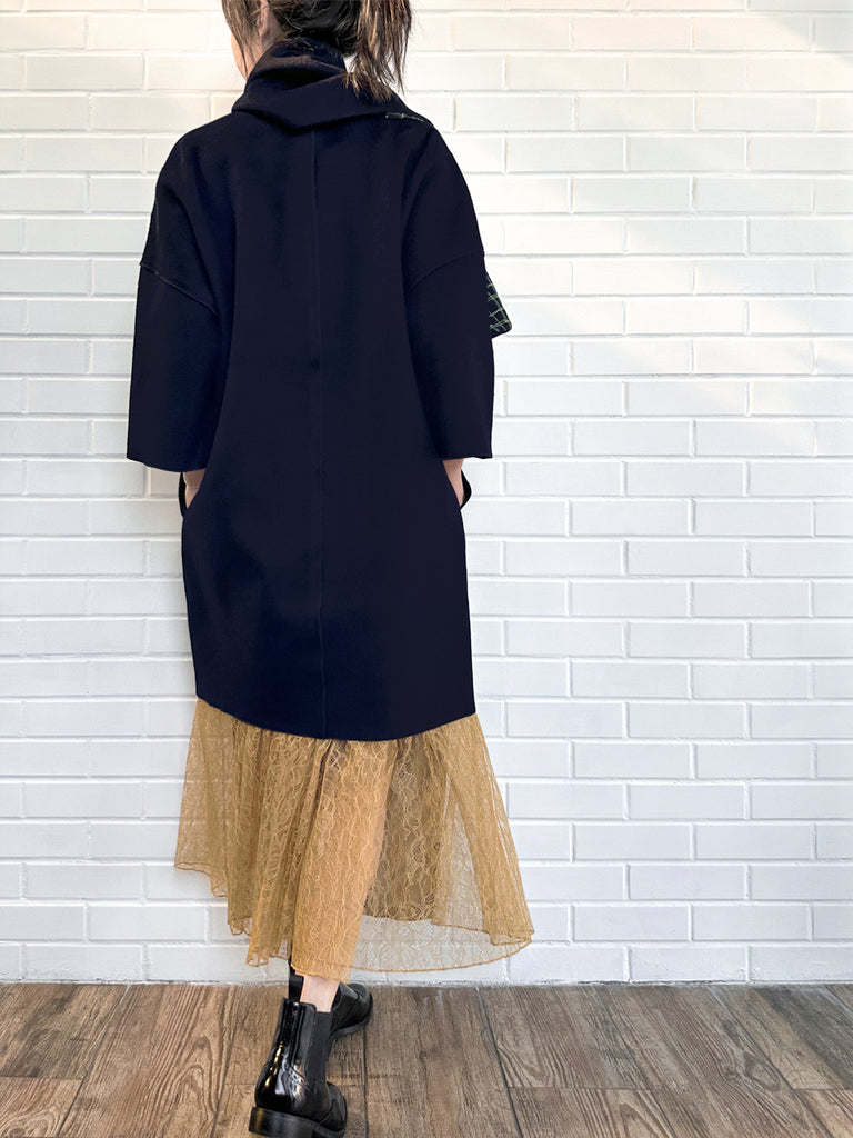 Surprise Sale! Dark Navy Ruffled Cashmere Luxury Cocoon Coat with Matching Scarf