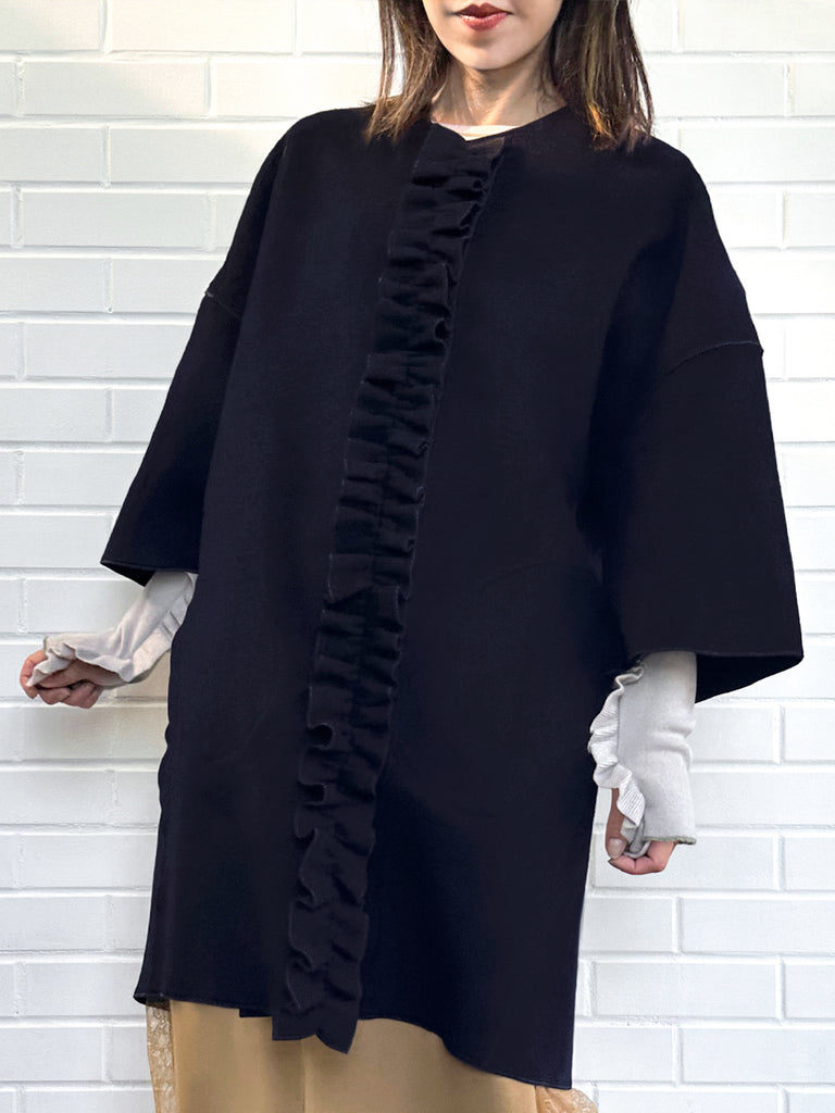 Surprise Sale! Dark Navy Ruffled Cashmere Luxury Cocoon Coat with Matching Scarf