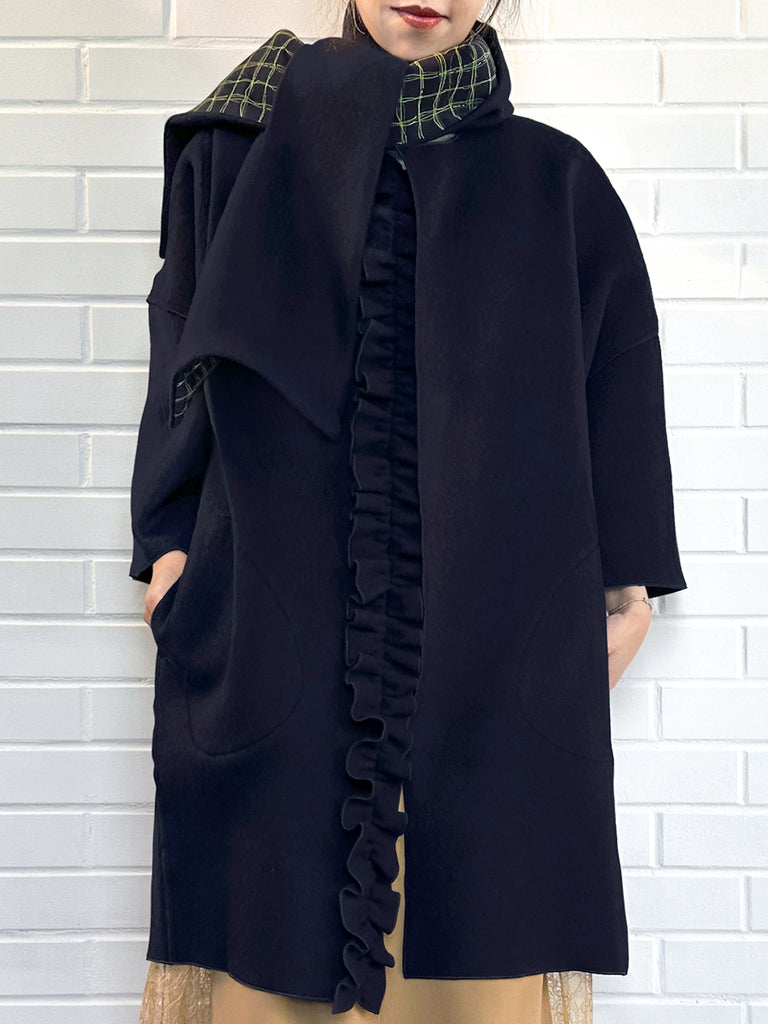 Surprise Sale! Dark Navy Ruffled Cashmere Luxury Cocoon Coat with Matching Scarf