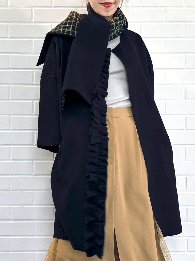 Surprise Sale! Dark Navy Ruffled Cashmere Luxury Cocoon Coat with Matching Scarf
