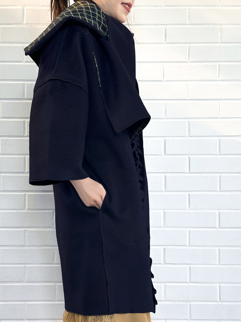 Surprise Sale! Dark Navy Ruffled Cashmere Luxury Cocoon Coat with Matching Scarf