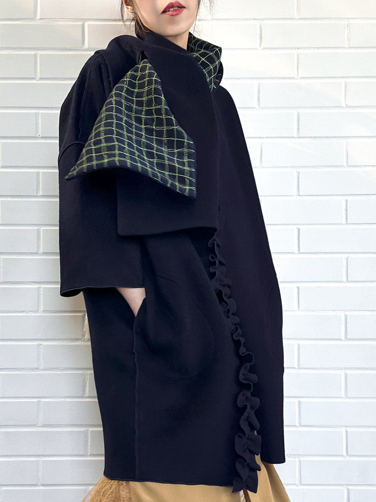 Surprise Sale! Dark Navy Ruffled Cashmere Luxury Cocoon Coat with Matching Scarf