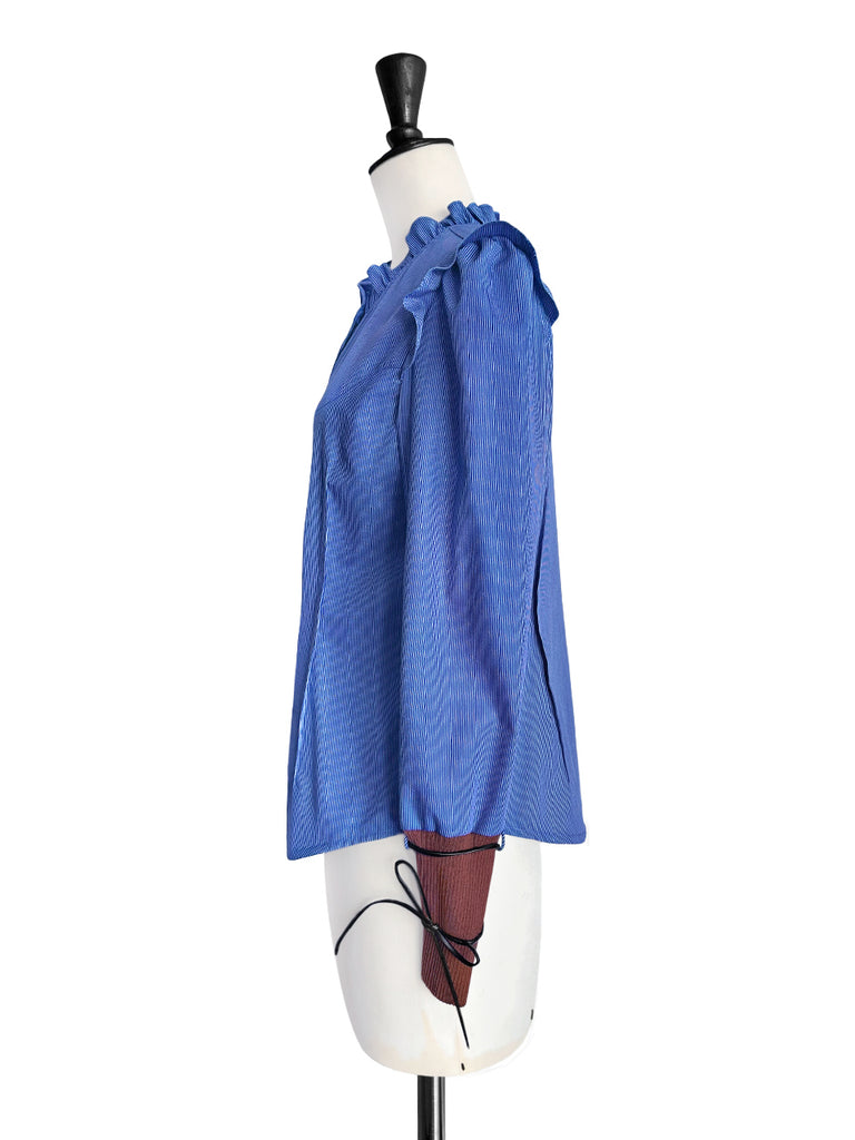 藍色條紋貼片針織領帶袖口荷葉邊襯衫