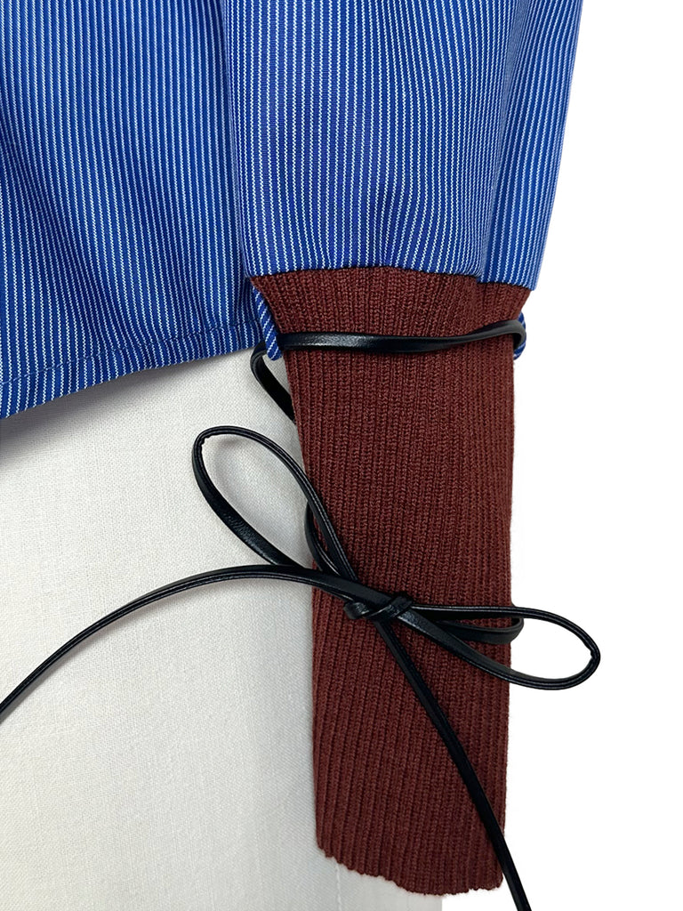 藍色條紋貼片針織領帶袖口荷葉邊襯衫