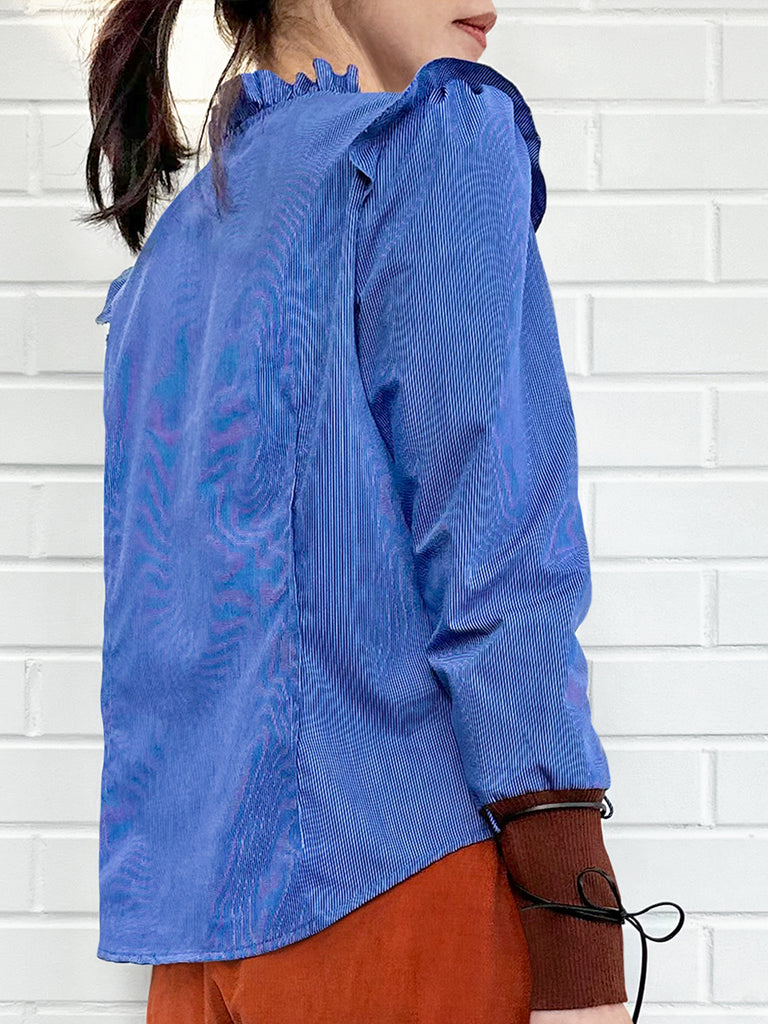 藍色條紋貼片針織領帶袖口荷葉邊襯衫