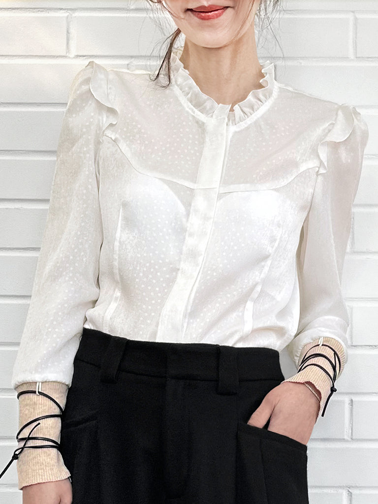 Surprise Sale! Dotty Patch Knitted Tie Cuffs Ruffle Blouse