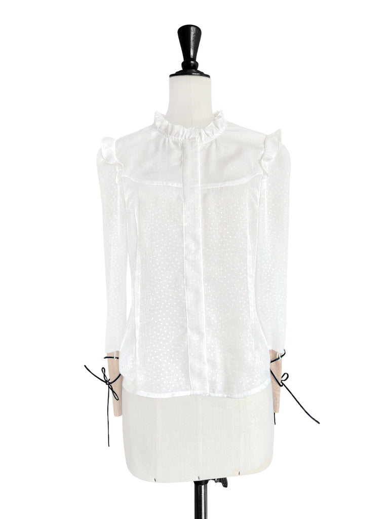 Surprise Sale! Dotty Patch Knitted Tie Cuffs Ruffle Blouse