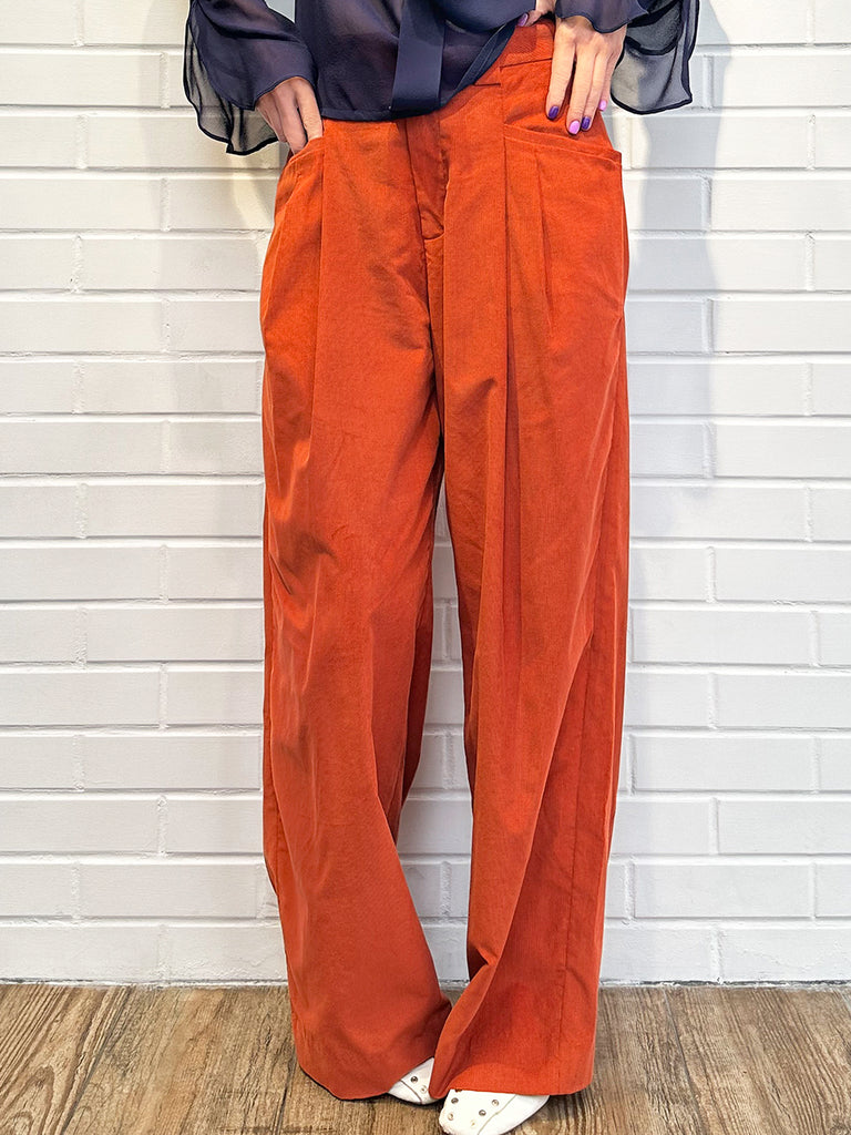 Surprise Sale! Pumpkin Orange Pleated Pocket Detail Wide Leg Trousers