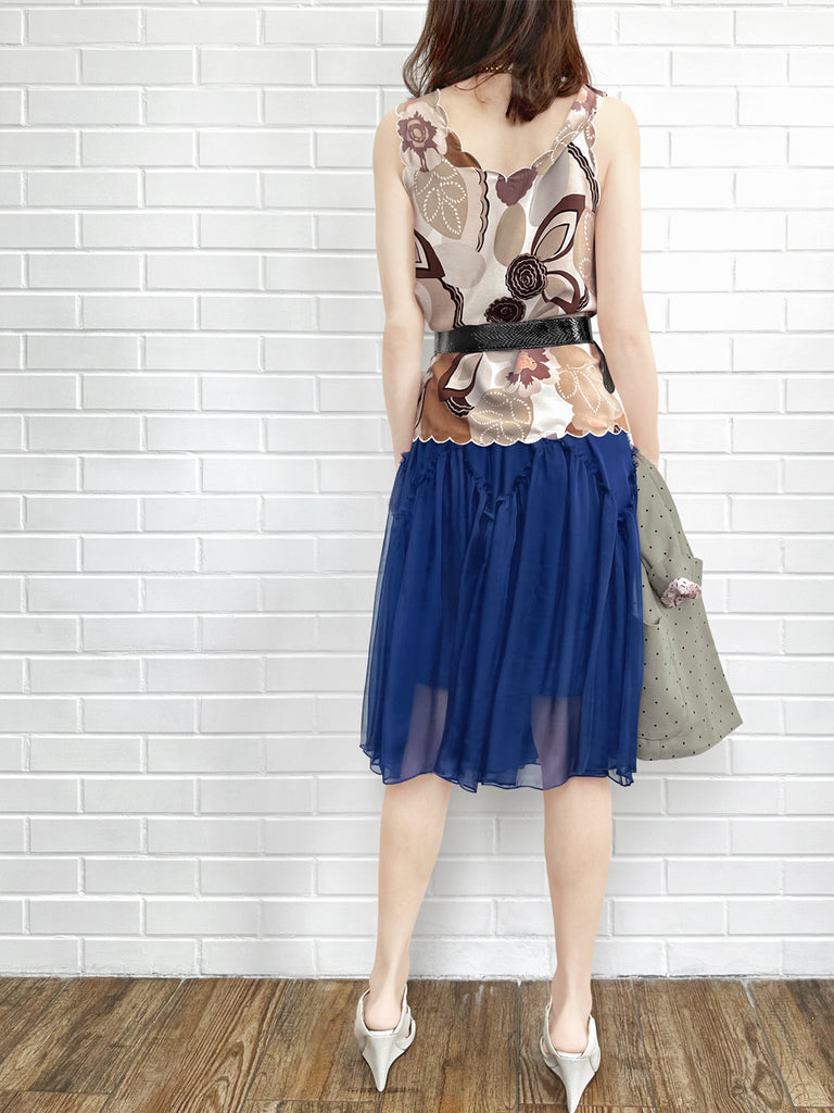 Final Sale! Rustic Floral Round Neck Scallop Silk Tank