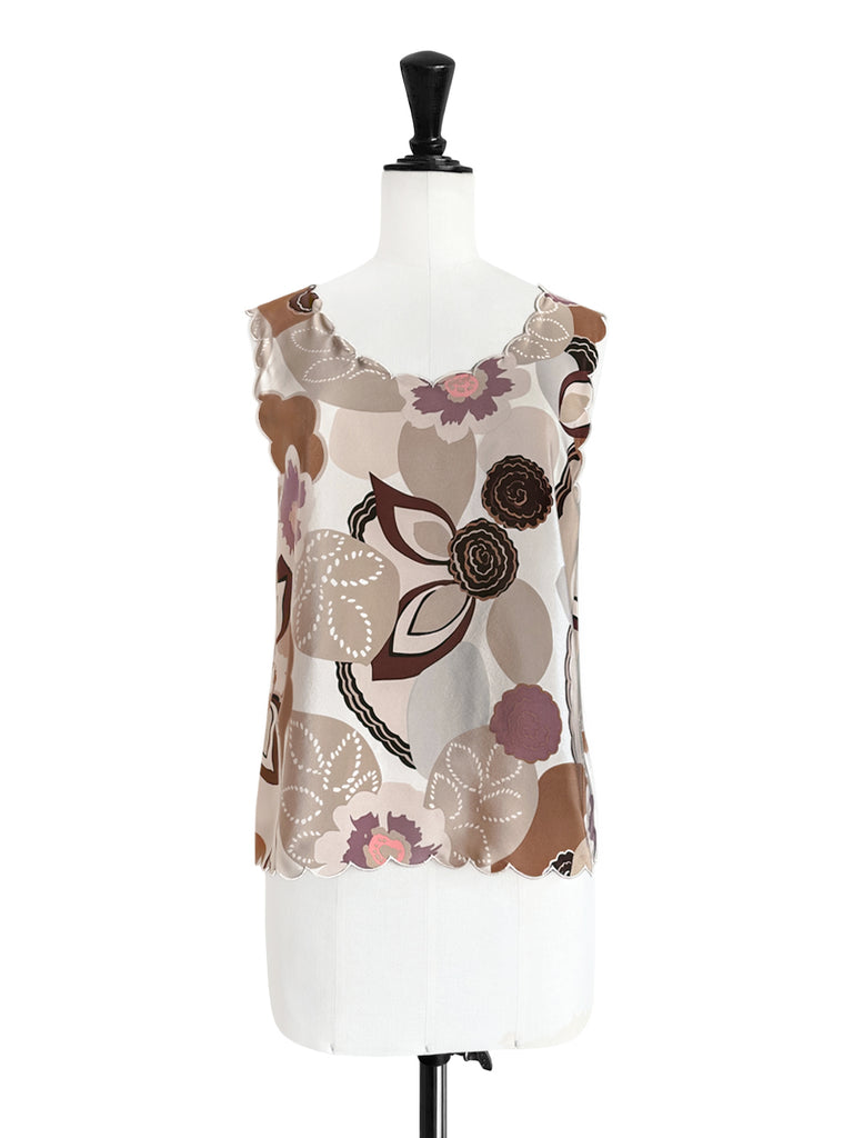 Final Sale! Rustic Floral Round Neck Scallop Silk Tank